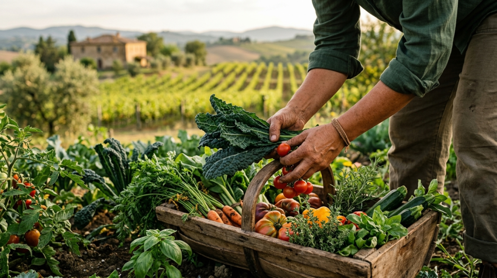 Close-up of hands harvesting fresh organic produce at Tuscan