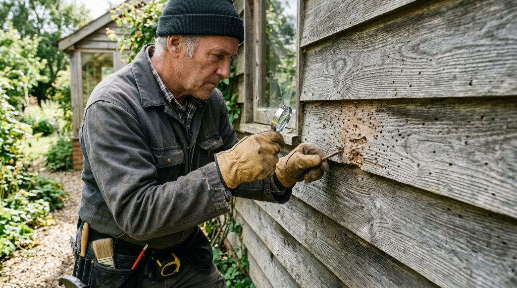 Skilled craftsman in work gloves inspecting wooden summer ho