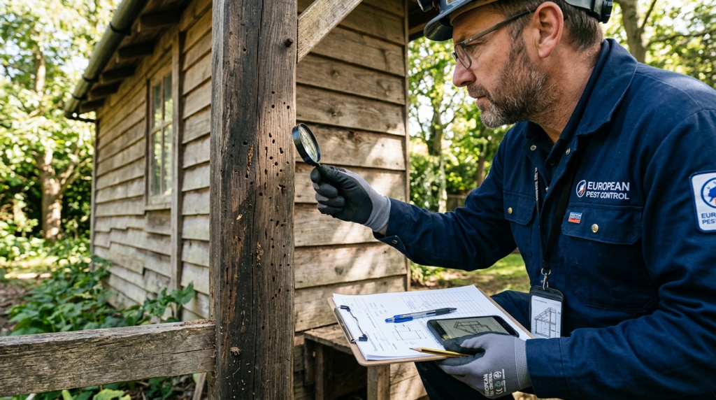 Skilled craftsman or pest control professional inspecting wo