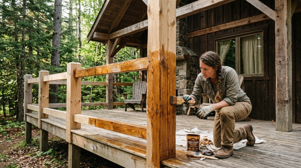 Wooden cabin deck or porch structure with visible preventive