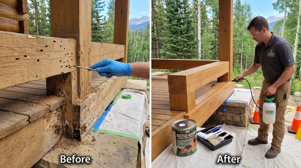 Before and after treatment of wood-boring beetle infestation