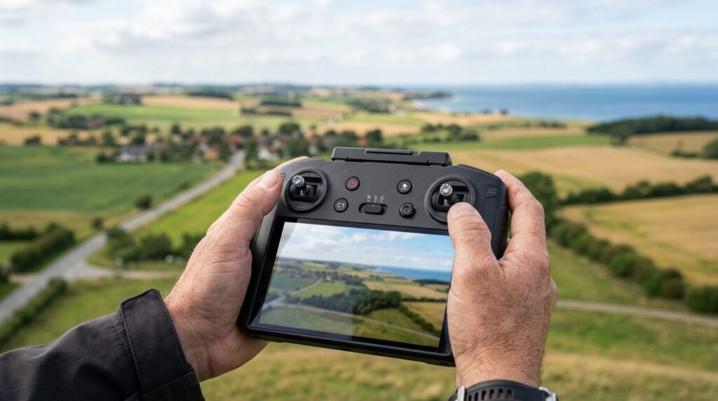 Close-up detail shot of a remote control being held by hands