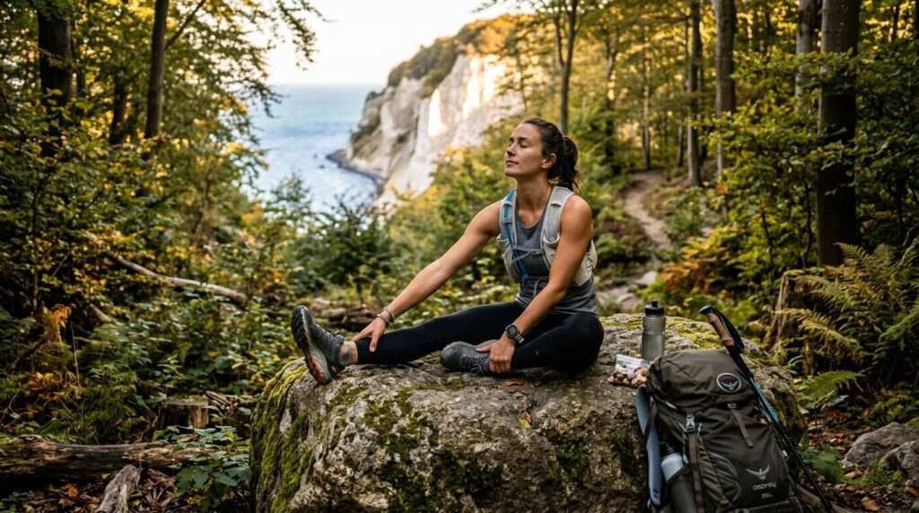 Active outdoor lifestyle photography: fit female hiker takin