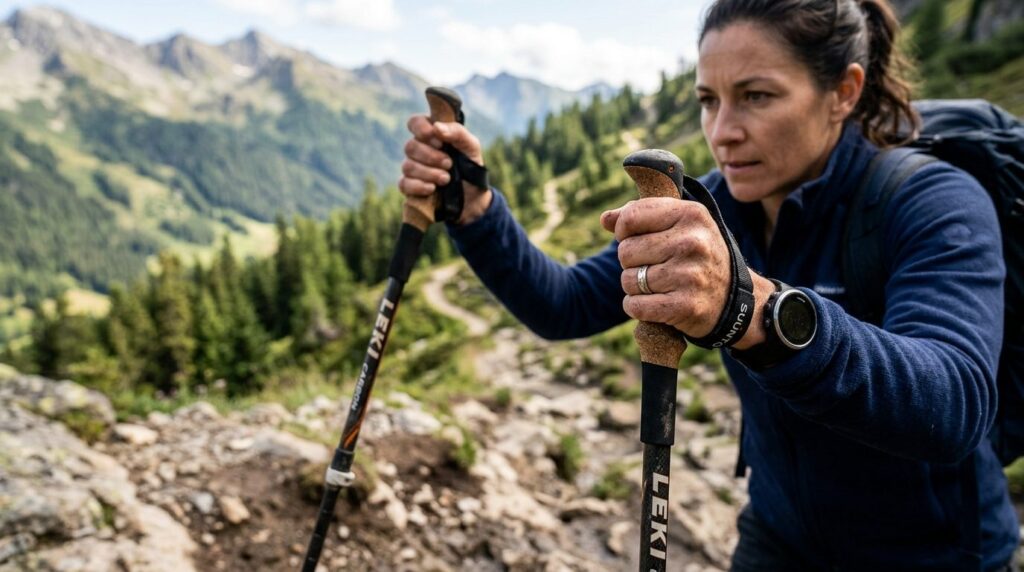 Close-up of a persons hands gripping hiking poles as they c