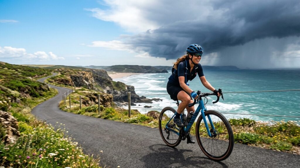 A woman cycling alone on a scenic coastal path during daytim