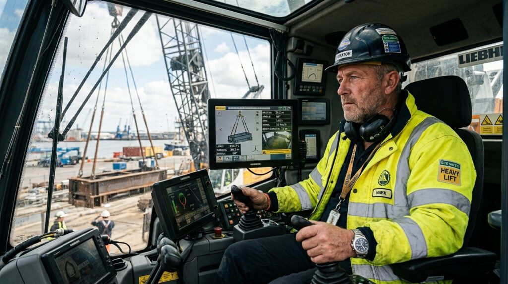 Close-up of crane operator in cabin during heavy lift operat