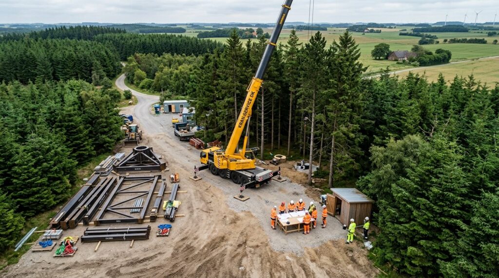 Aerial view of outdoor installation site with mobile crane p