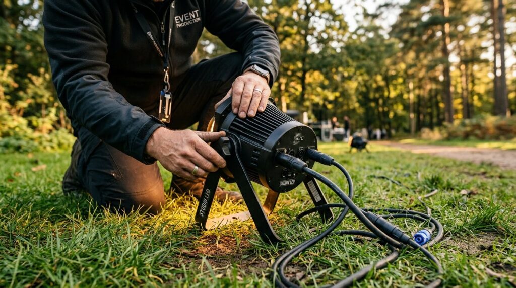 Detalje af professionelt udendørs LED-lysudstyr med kabler og monteringsfittings.