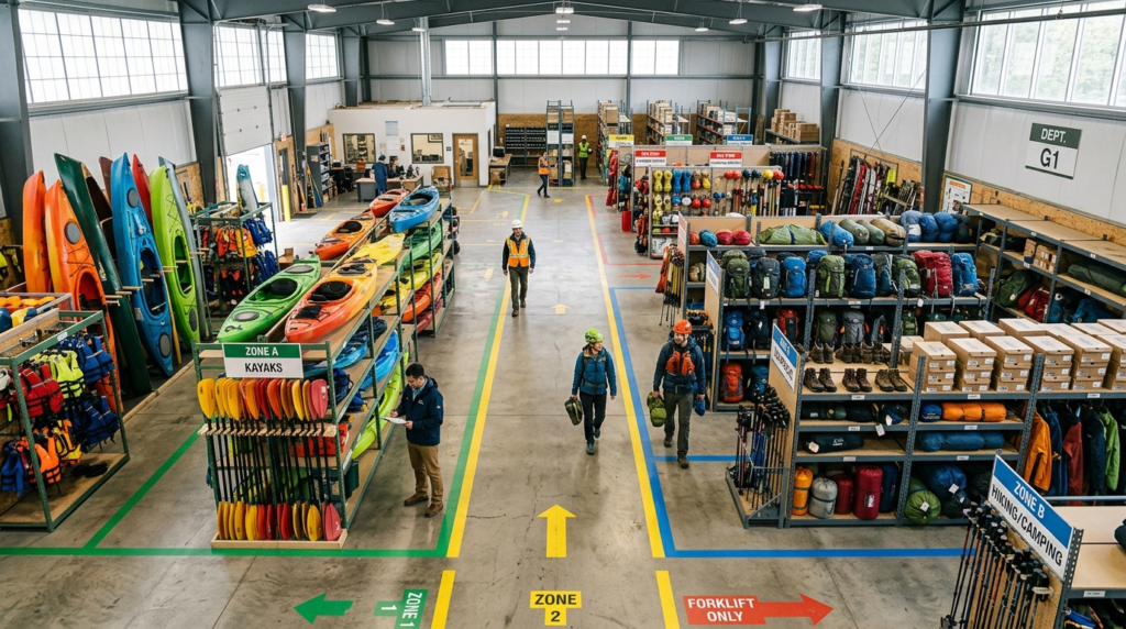 Overhead view of a well-organized sports equipment depot wit