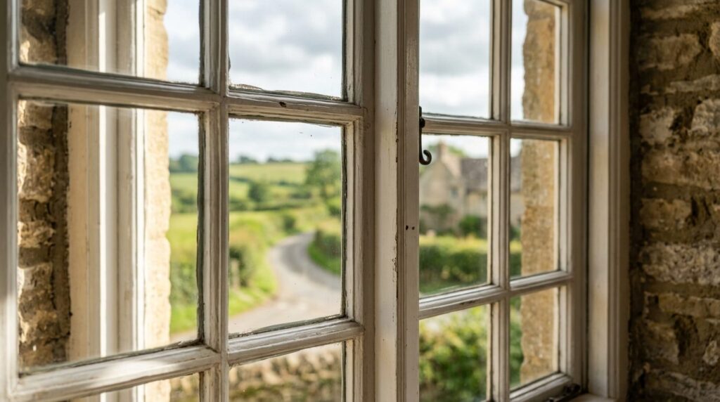 Close-up detail shot of a traditional timber window frame wi