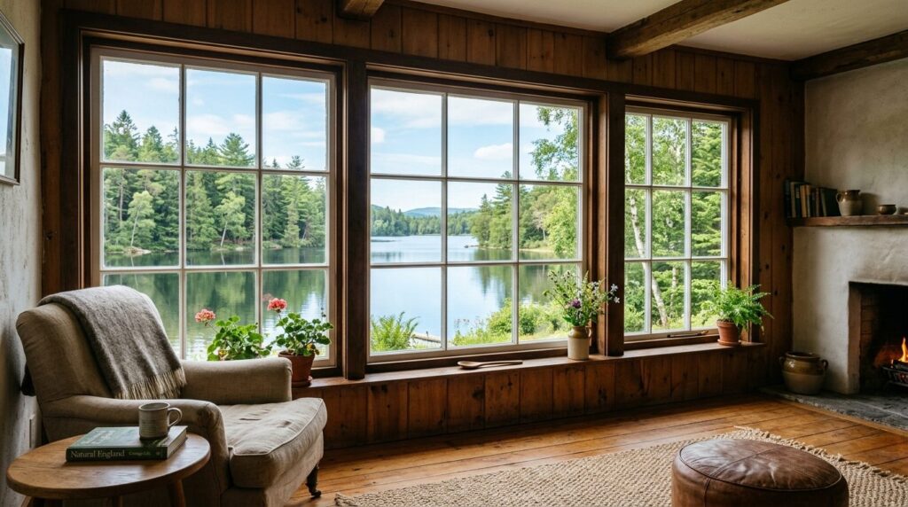 Serene cottage interior scene: view from inside a cozy room 